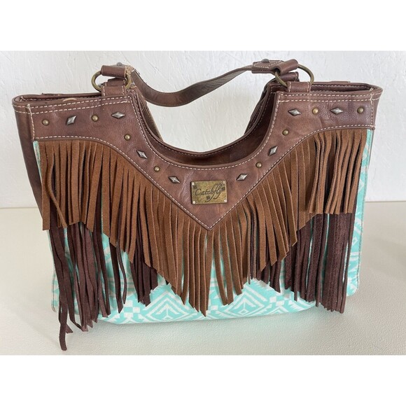 Catchfly concealed carry leather fringe Aztec print shoulder Purse Western - Picture 1 of 13